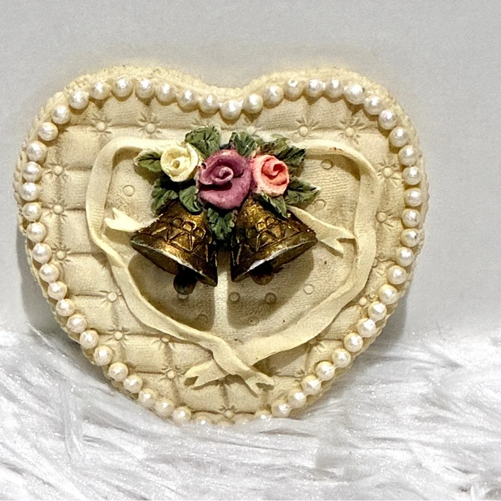 Cottagecore Italian Heart-Shaped Trinket Box With Grannycore Pearls & Gold Bells